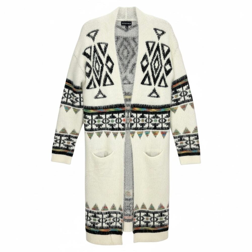 MY MICHELLE Women's FUZZY AZTEC LONG CARDIGAN Sweater BOHO INDIE Size LARGE